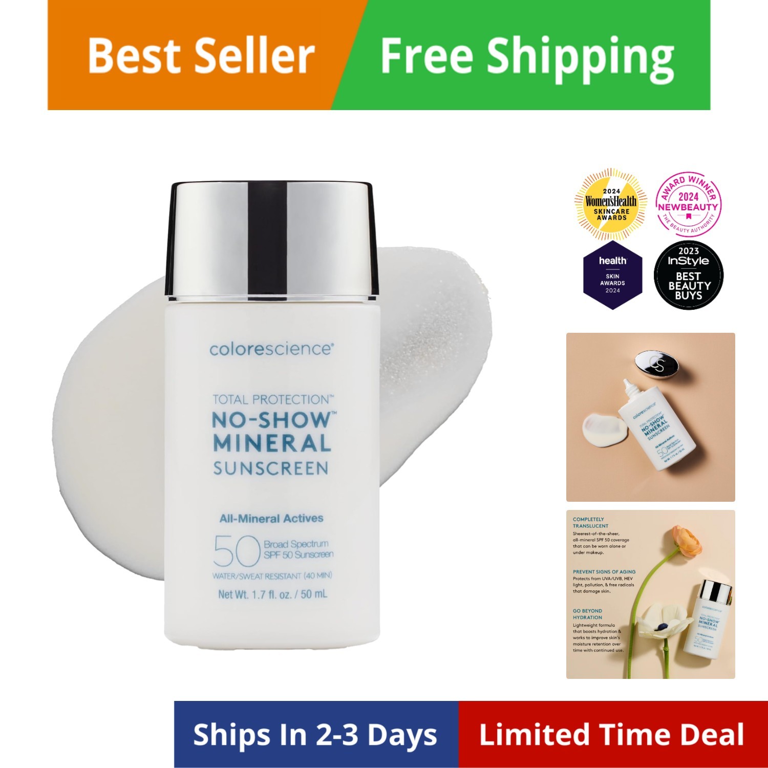 Total Protection No-Show Mineral Sunscreen SPF 50, 100% Invisible all-mineral...