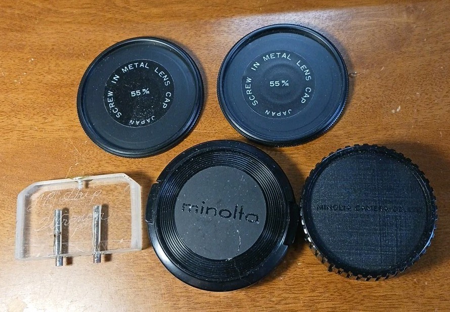 Vintage Minolta Lens Caps Lot Body Cap Rear Cap 55mm Metal Caps Zip Grip Tool