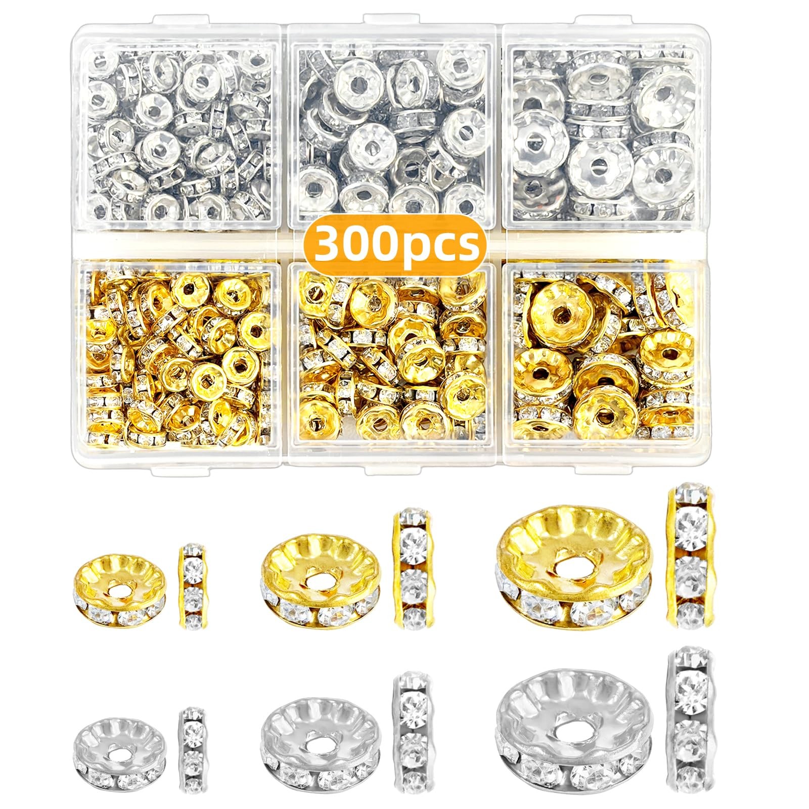 300Pcs Rondelle Spacer Beads, 6mm, 8mm, 10mm 10mm, gold, silver 