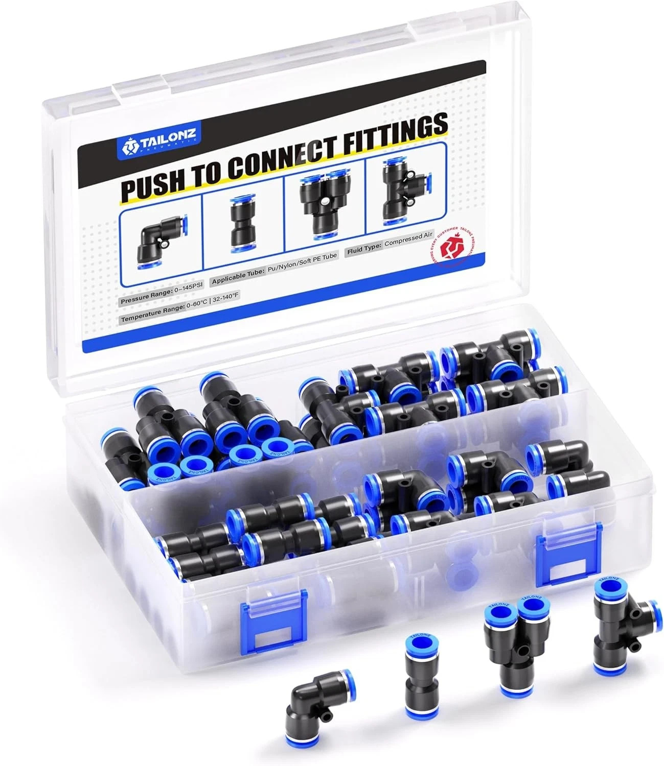 TAILONZ PNEUMATIC 1/2 Inch od Push to Connect Fittings 1/2"OD/40PCS, Blue 