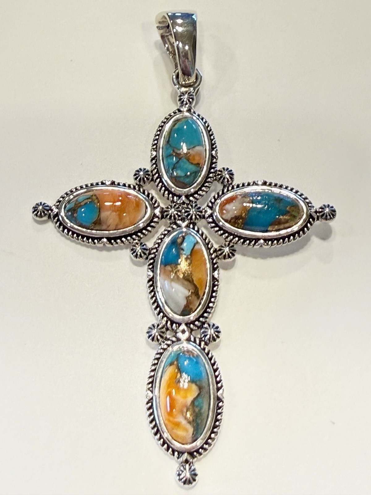 925 Sterling Silver Cross Pendant with Turquoise & Orange Oval Stones