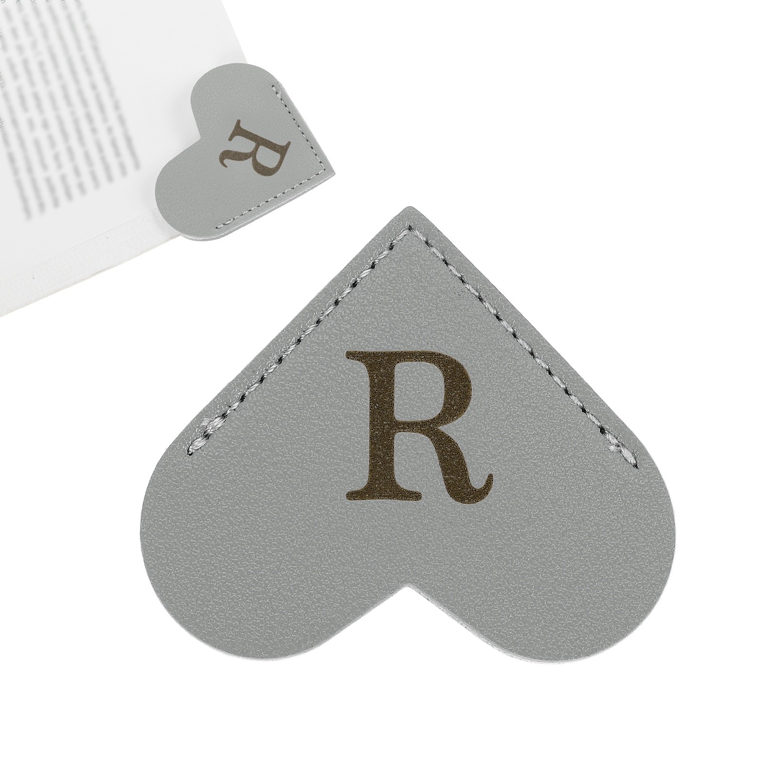 Initial R Corner Bookmarks,  Heart Shape Leather Book Marks Markers, Gray
