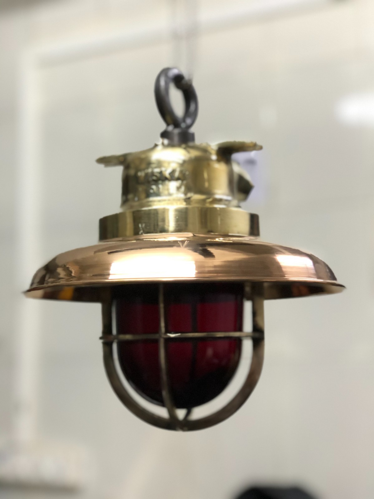 Set of 2 Authentic WISKA Brass Ship Cargo Light – Red Glass Globe & Copper Shade