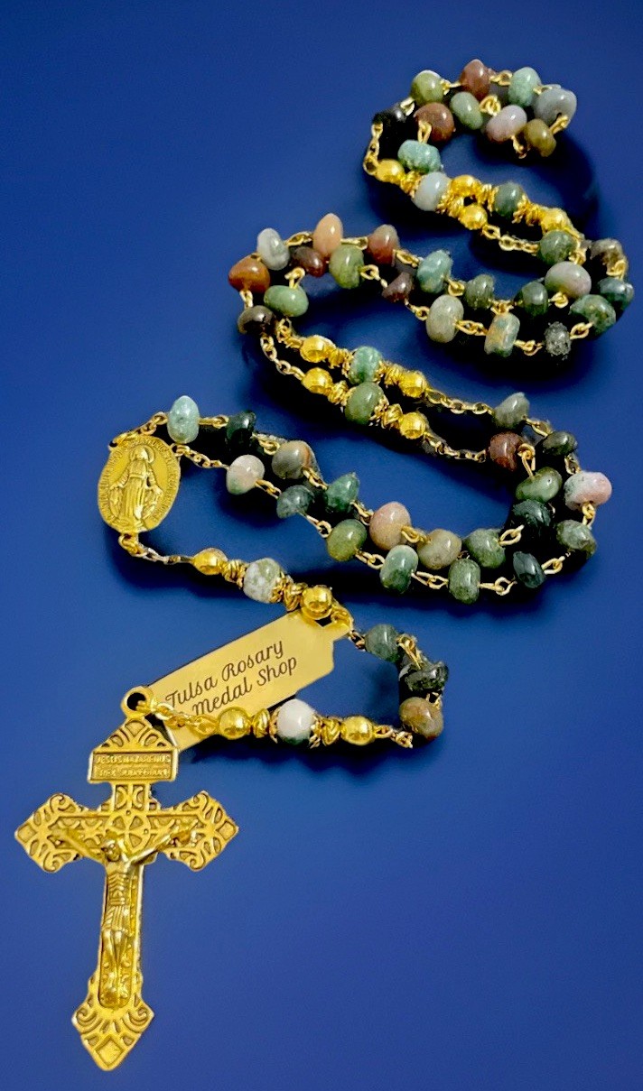 Semi Precious India Agate Stone 22” Rosary, Gold Tone Pardon Crucifix w/ Tag