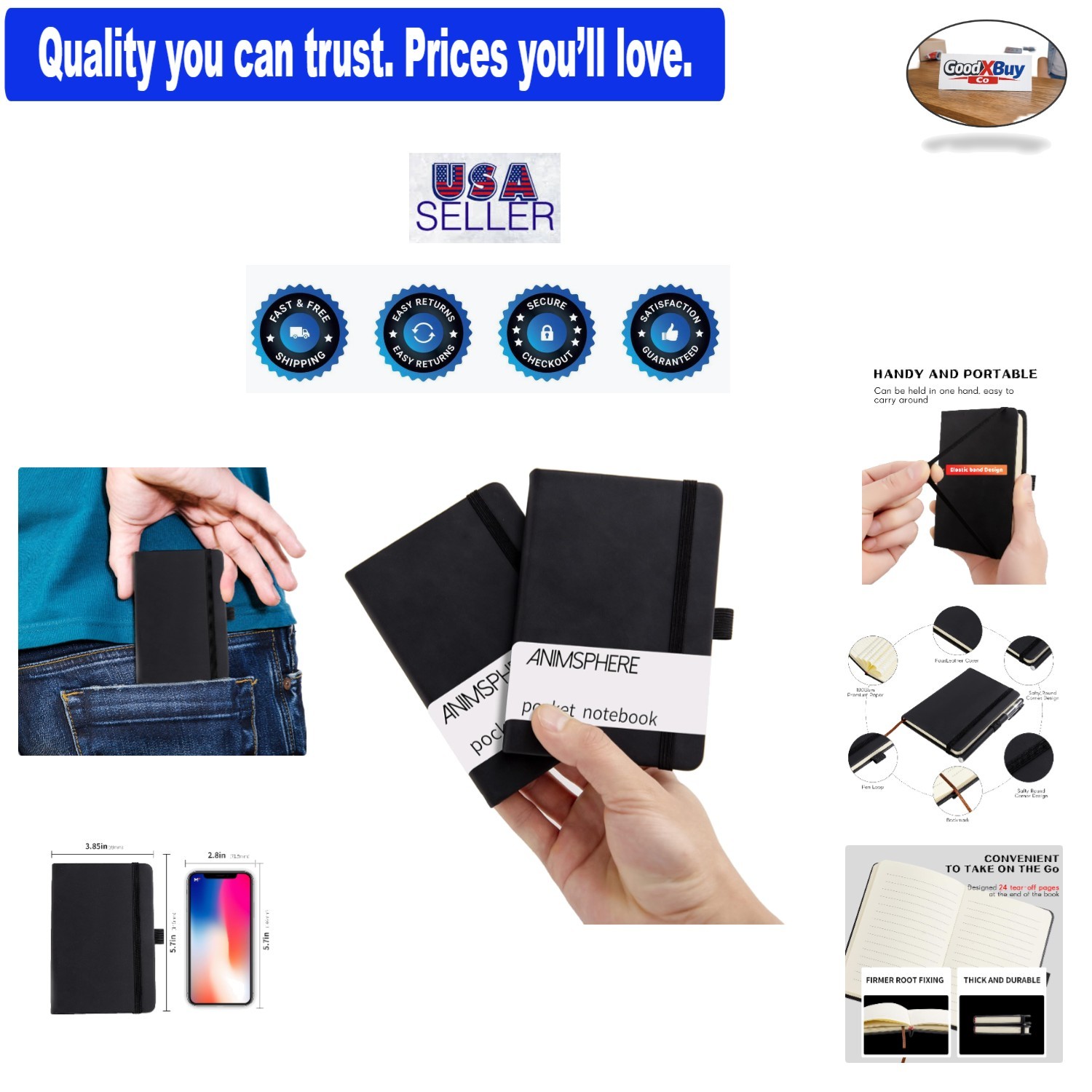 2-Pack Leather Pocket Notebooks 4x5.7 Inches 200 Pages Black with Pen Holder