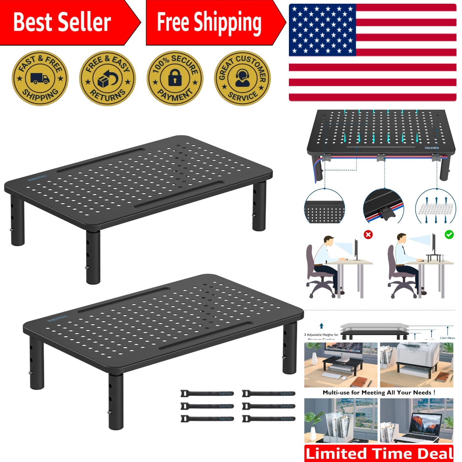 2 Pack 3 Height Adjustable Monitor Stand Riser with Pen Holder, Ergonomic Met...