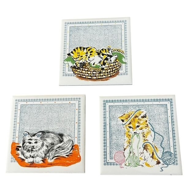 Set of 3 Vintage 1990s Cat Coaster Tiles