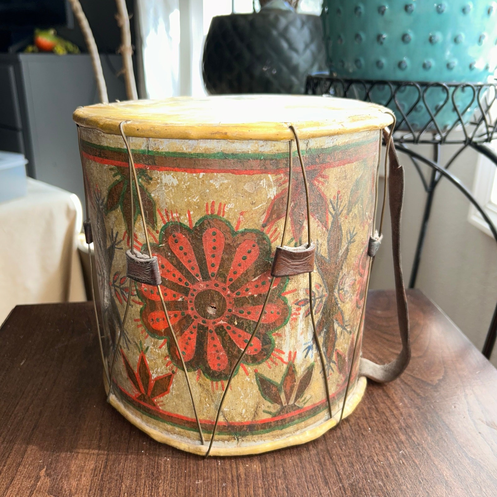 Vintage drum toy reproduction Civil War Era primitive floral 