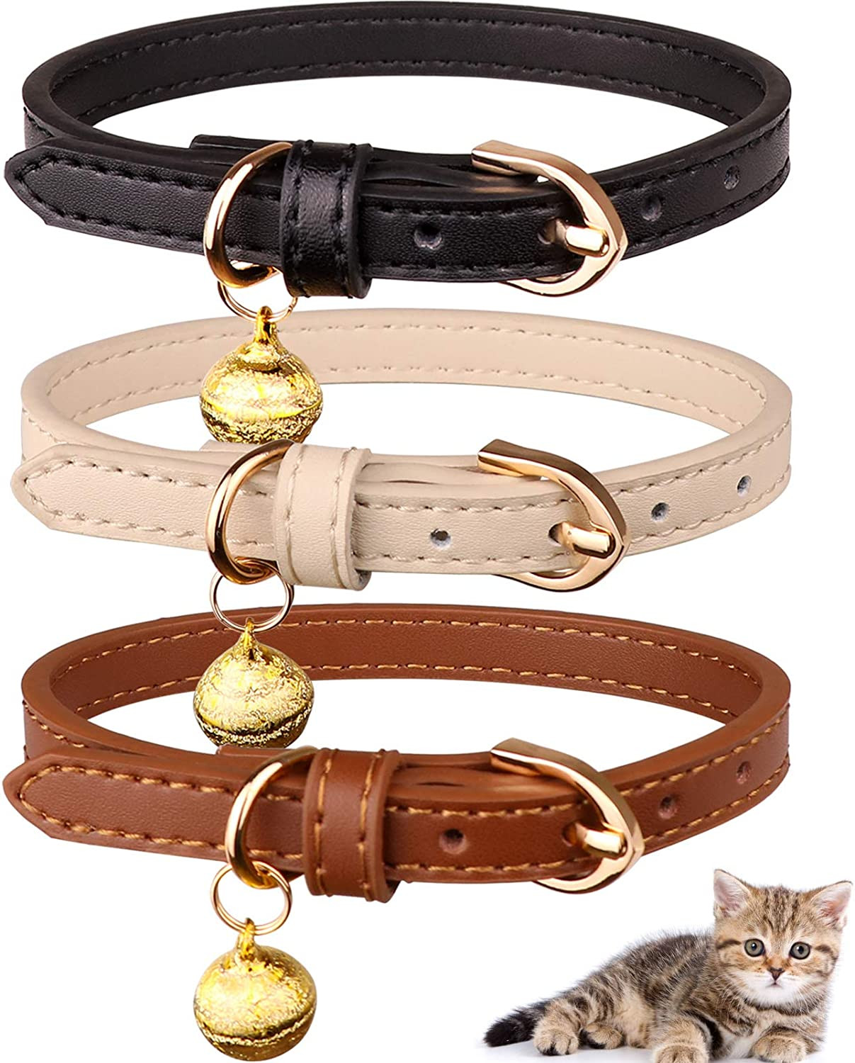 3 Pack Leather Cat Collars with Bells Adjustable Kitten Collars Black Chocolate 