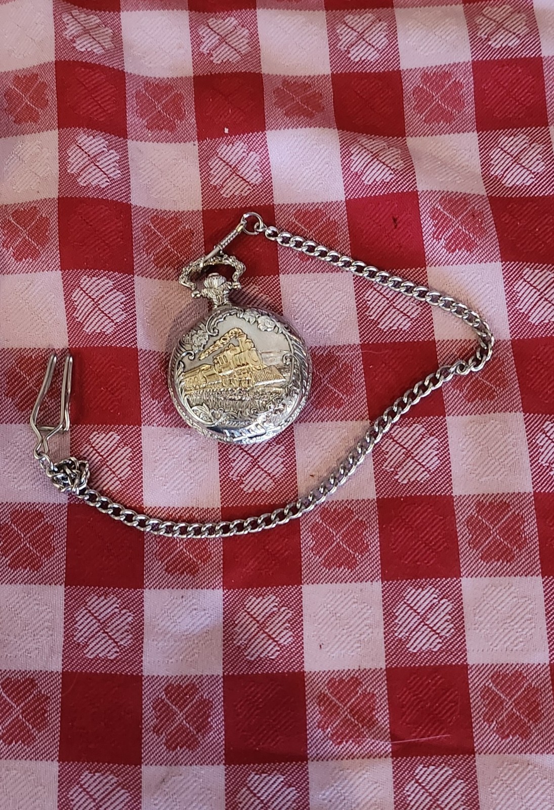 Railroad Locomotive Pocket Watch Quartz Two Tone Hunter Case New Battery