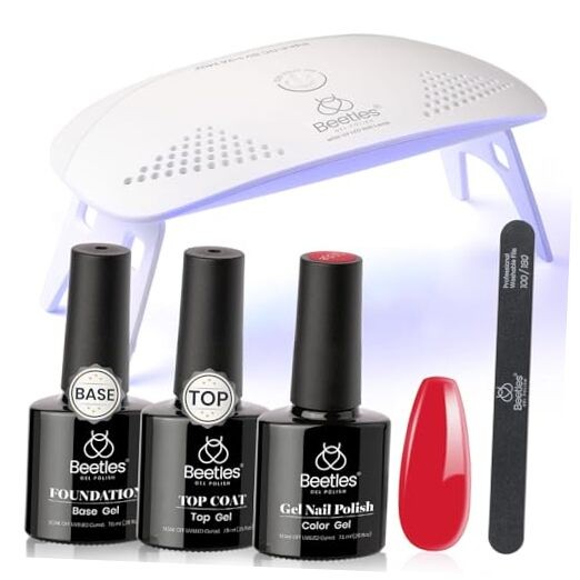 Beetles Red Gel Nail Polish Kit with UV LED Light and Base Top Coat Starter 
