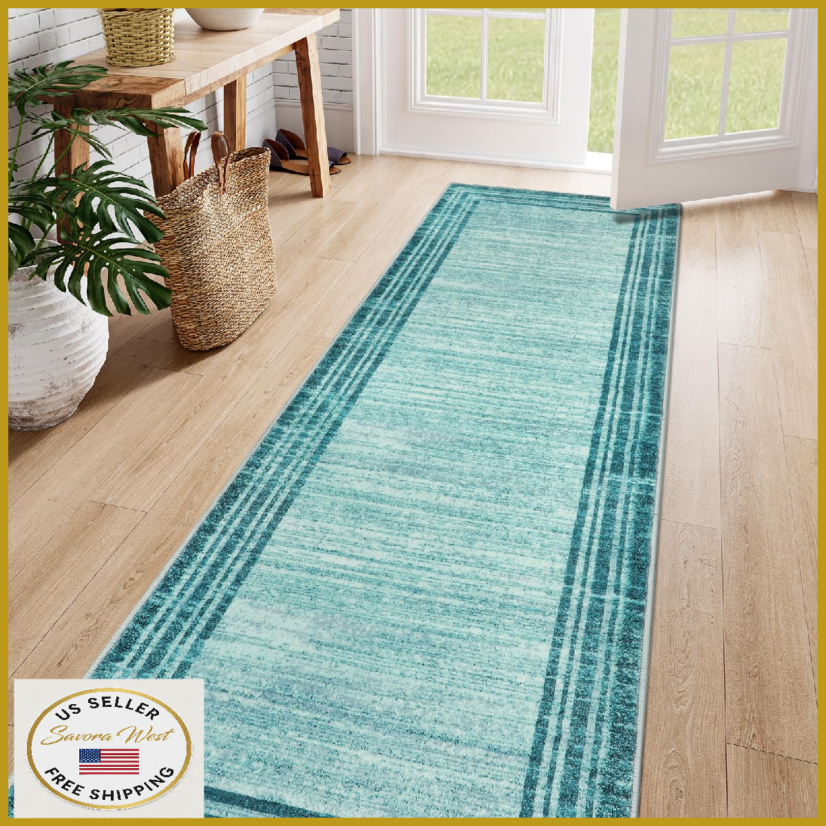 Lahome Abstract Runner Rug, Teal 2.5x8, Washable Non-Slip for Hallways