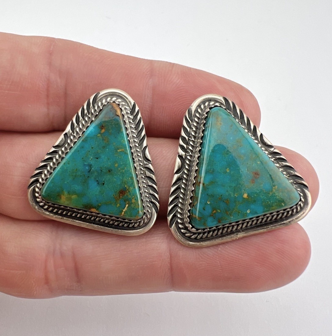 Vintage Navajo Sterling Silver Natural Royston Turquoise Triangle Post Earrings