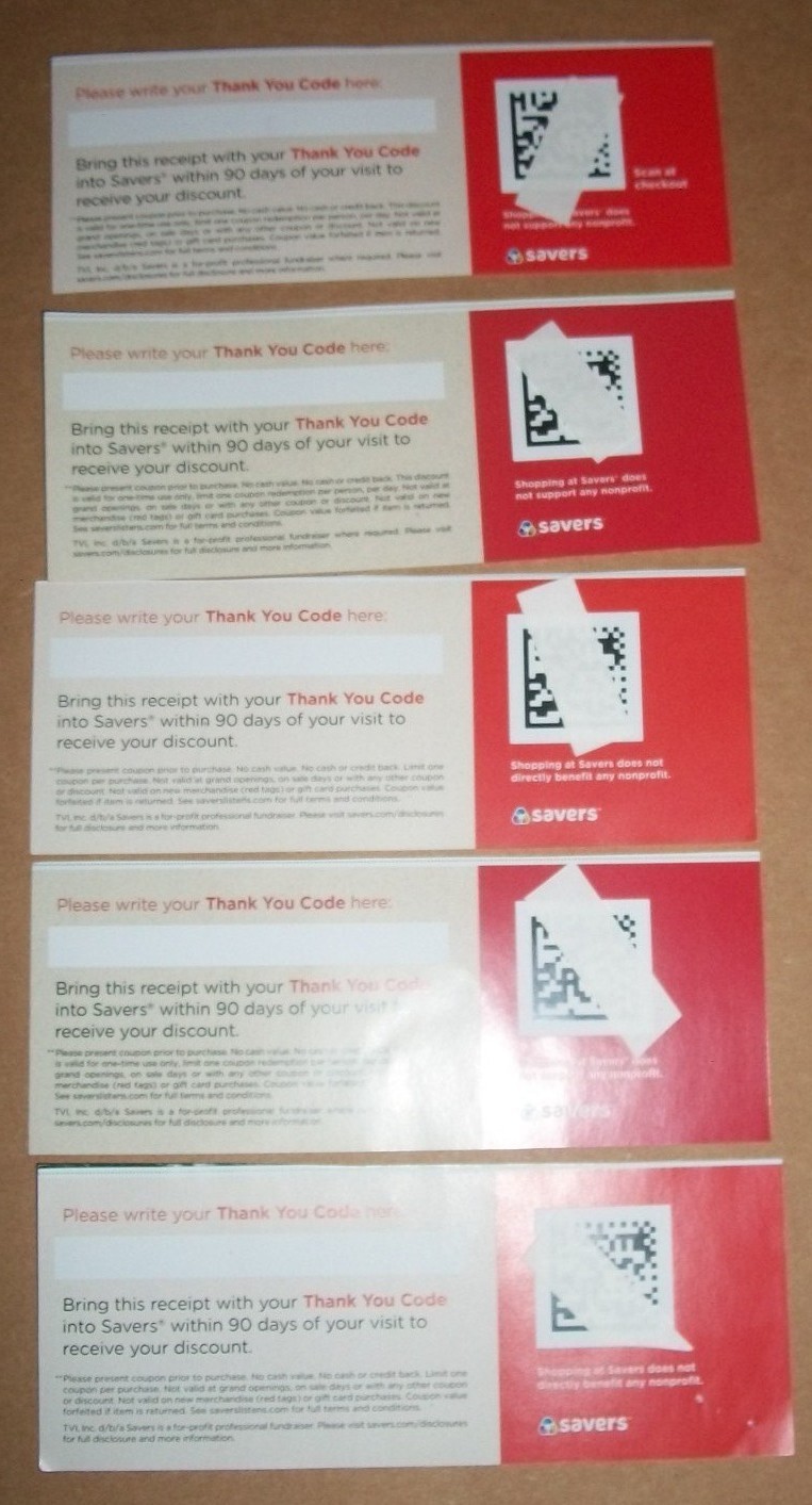Savers Thrift Store coupon lot no exp. go on internet $10 savings red lot of 5