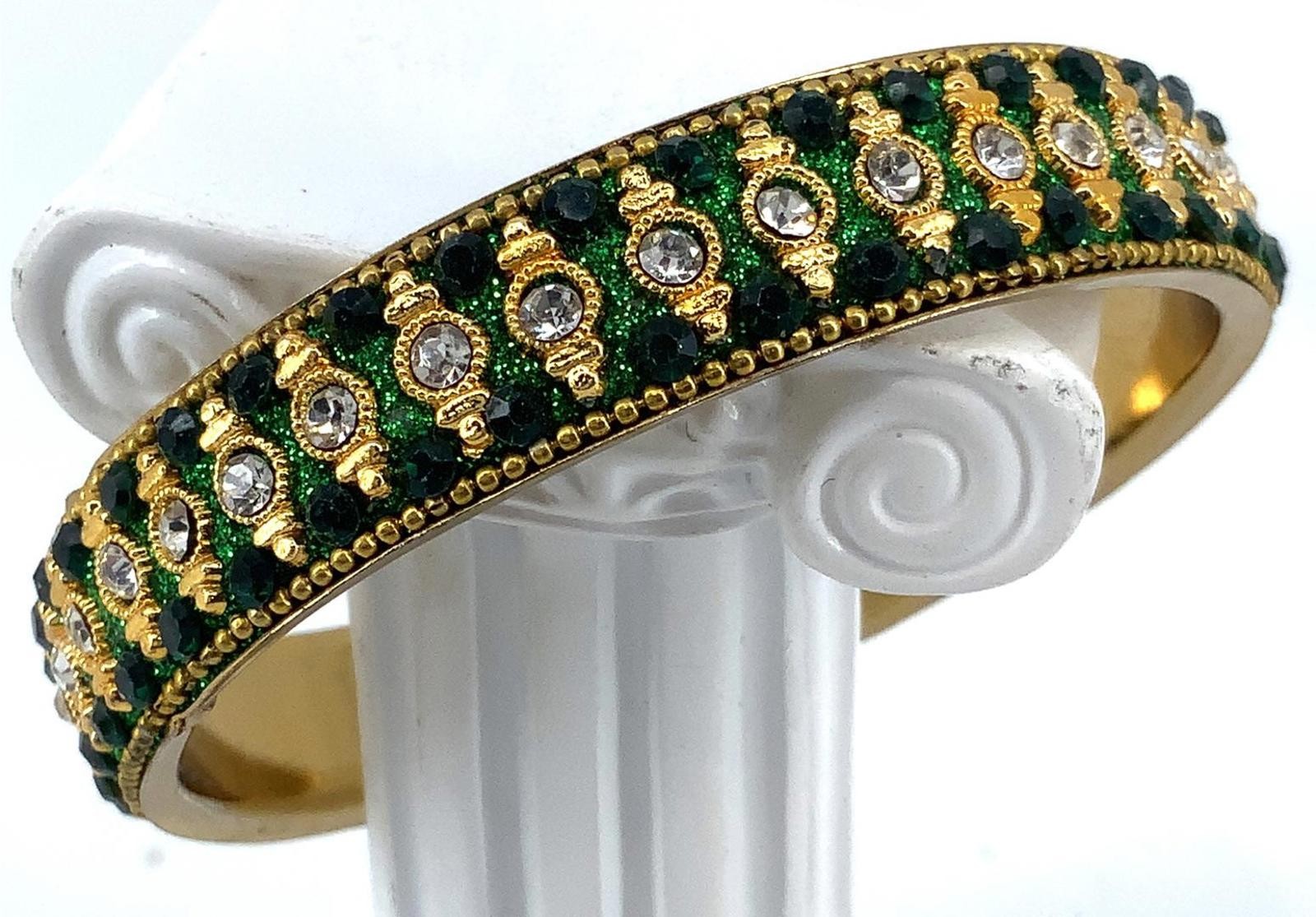 Vintage Gold Tone Green Enamel Rhinestone Art Deco Style Bangle Bracelet