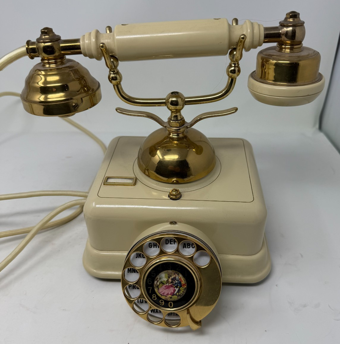 Vtg Rotary Dial Telephone Japan Cream Gold Brass Louis XV Style Works Great