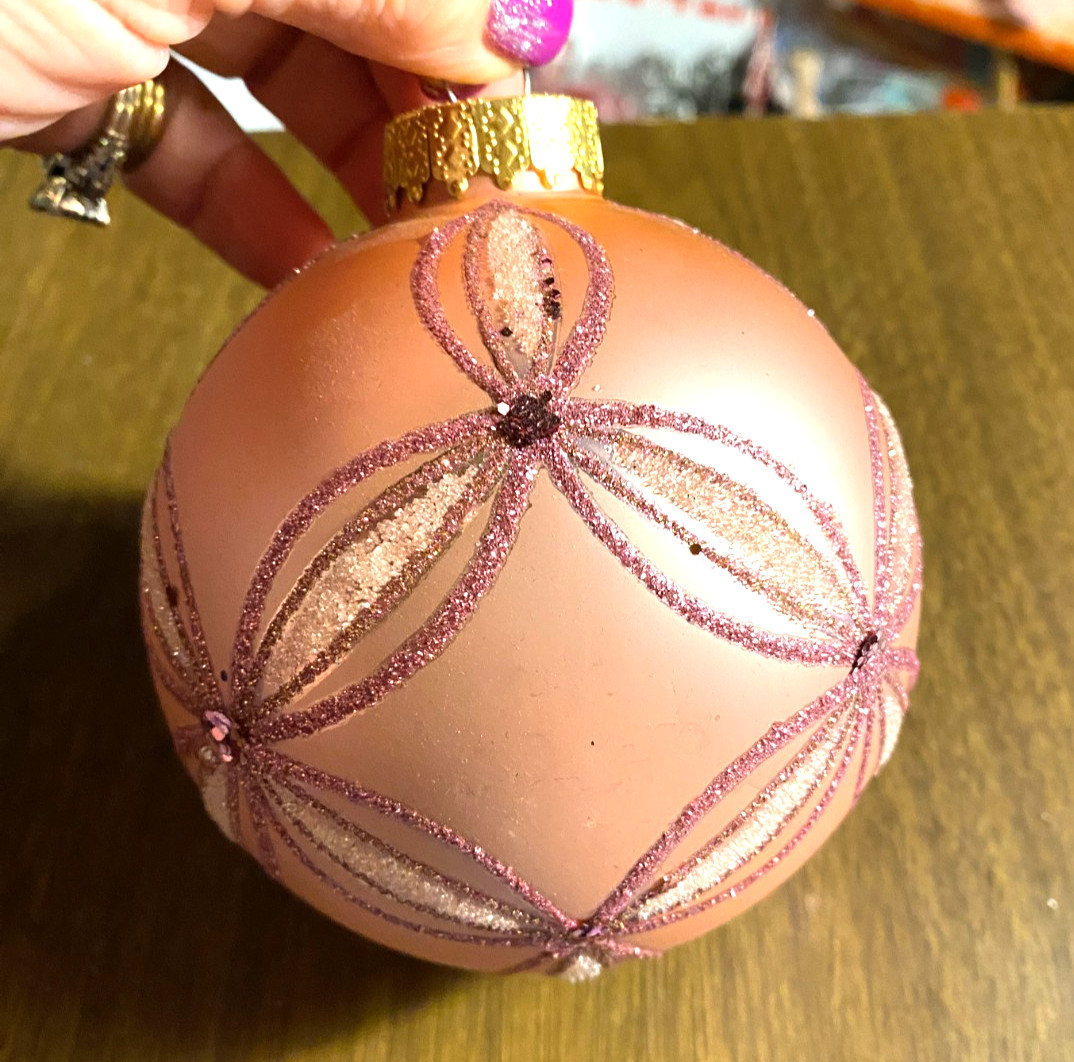 Peach Glitter & Sugared Detail Blown Glass Ball Christmas Ornament 3.5"