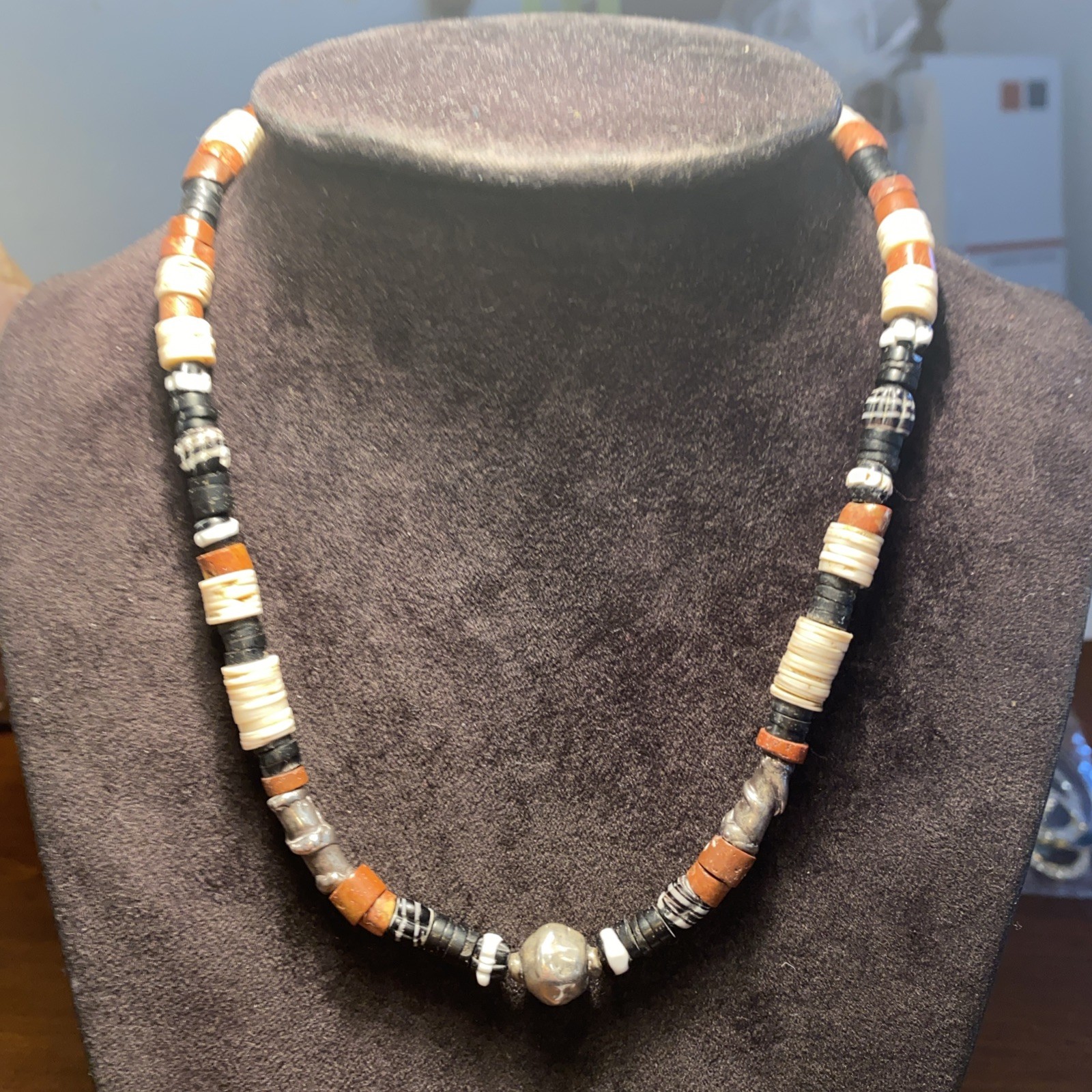 Vintage Native Santo Domingo Necklace With Beads Shells Sterling Silver