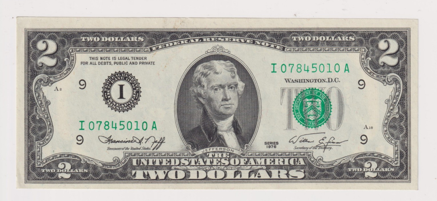 Crisp Uncirculated 1976I $2 Minneapolis MN Federal Reserve Note Two Dollar Bill