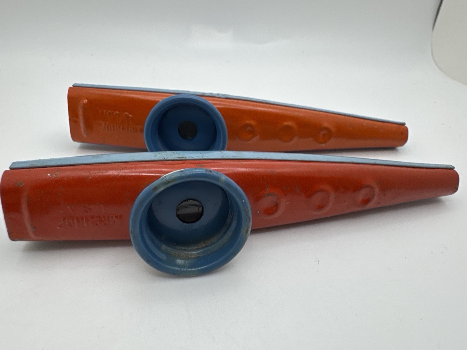 Vintage Kirchhof USA Metal Toy Kazoos Noisemakers Orange Red Blue Mid Century