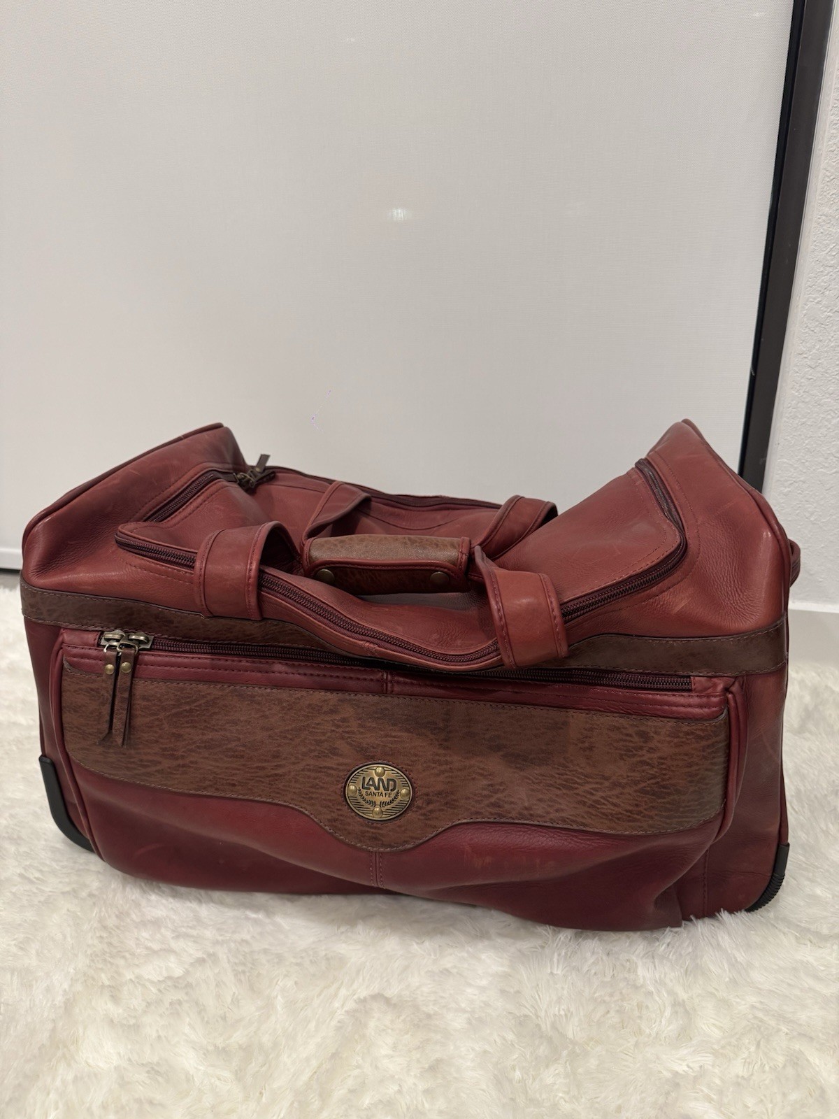 LAND Brown Red Leather Rolling Duffle Bag with Wheels & Map Print Lining