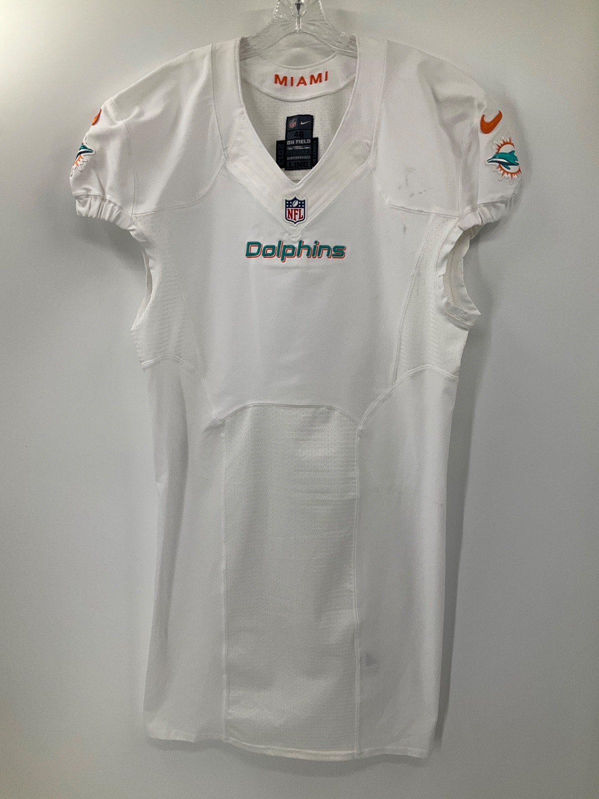 MIAMI DOLPHINS NIKE GAME USED TEAM ISSUED WHITE SAMPLE JERSEY SIZE:46 YEAR:2013