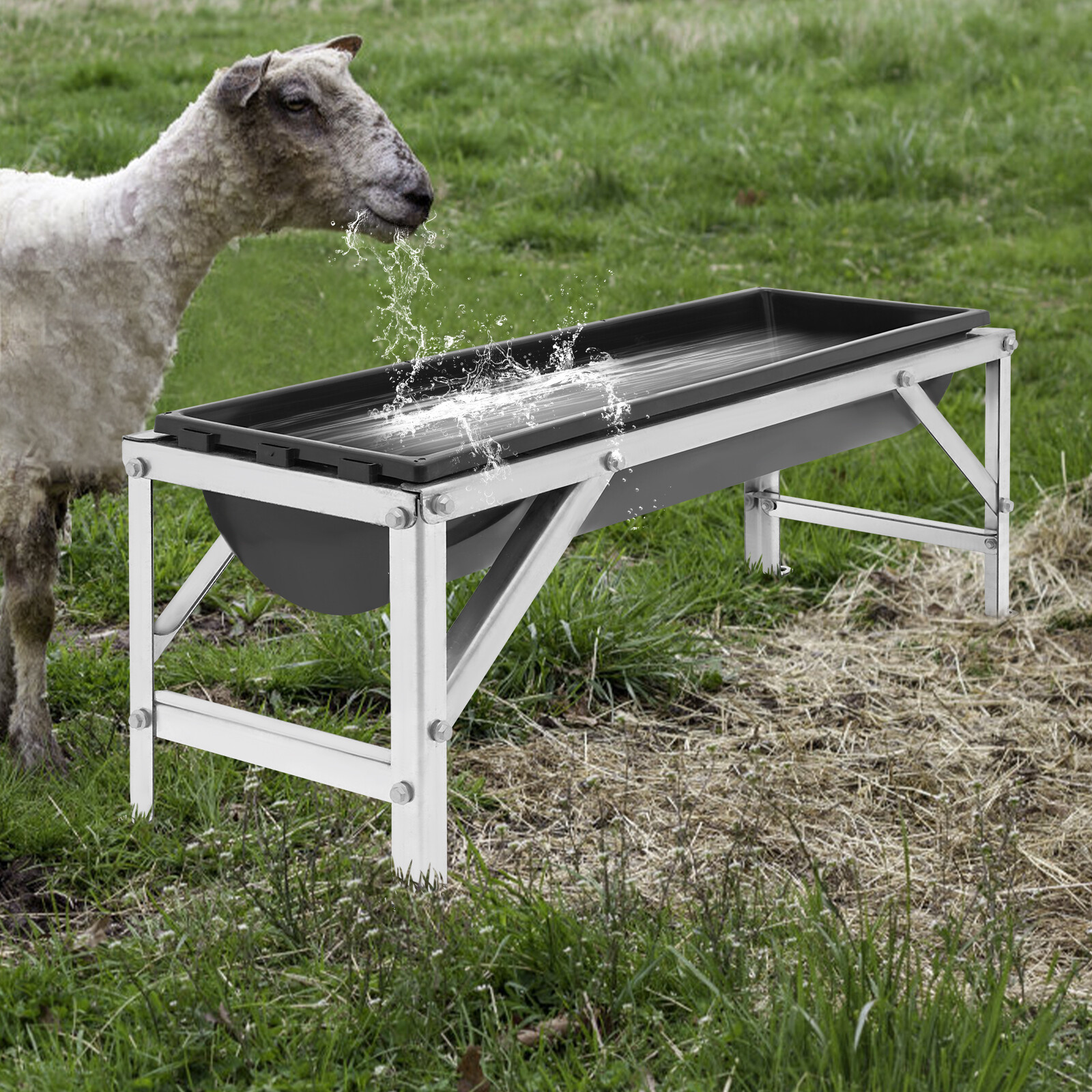 Livestock Feed Trough Long Large Capacity Feeder Feed Trough with Stand Silver