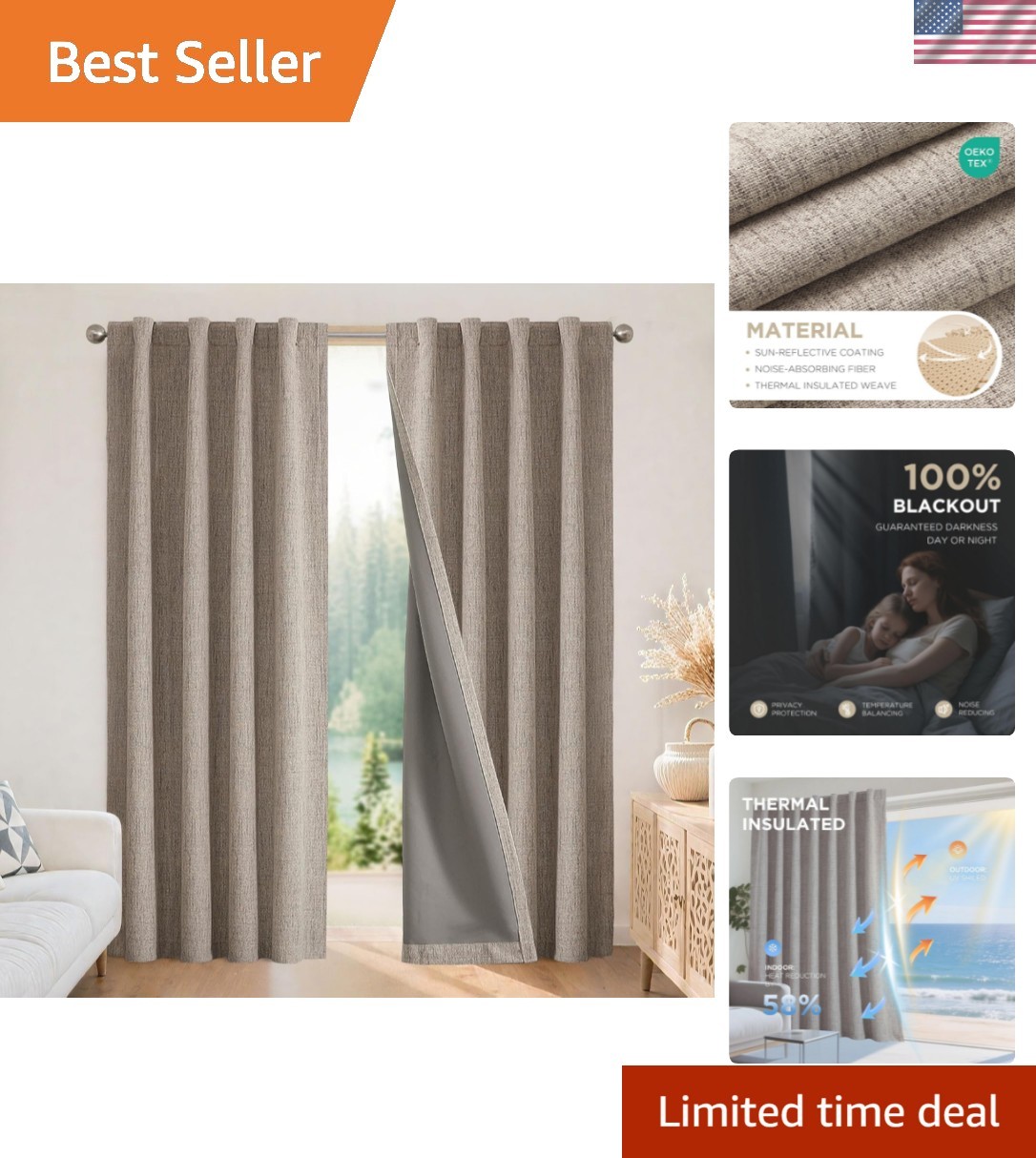 Blackout Curtains for Bedroom - Nature Linen 84 Inch Long 100% Light Blocking...