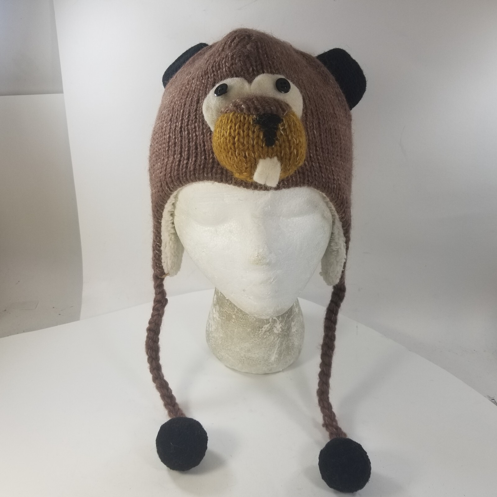 Knitwits Warm Lined Wool Knit Pilot Ski Hat Animal Barkley Beaver Beanie Kids