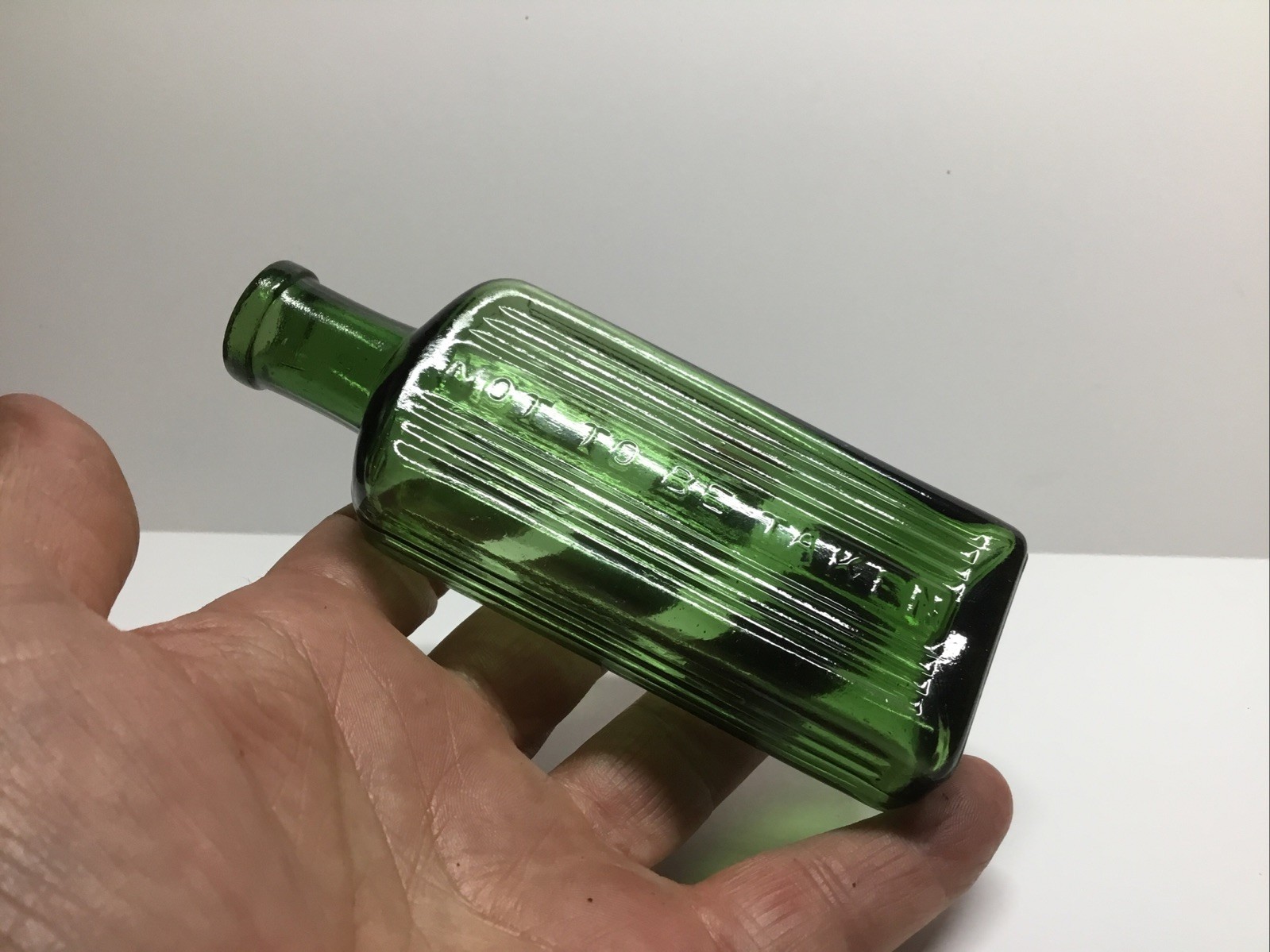 Antique Olive Green Rectangular Not To Be Taken Poison Bottle.