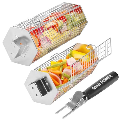 Grill Baskets 2PCS 304 Stainless Steel with Removable Wooden Handle Hexagon 