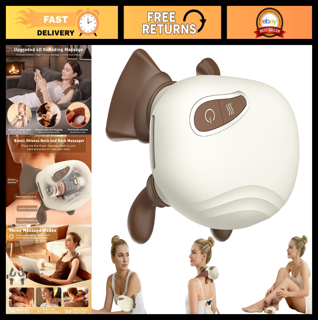 4D Wireless Neck & Shoulder Massager - Deep Tissue Shiatsu, Portable Electric, 3