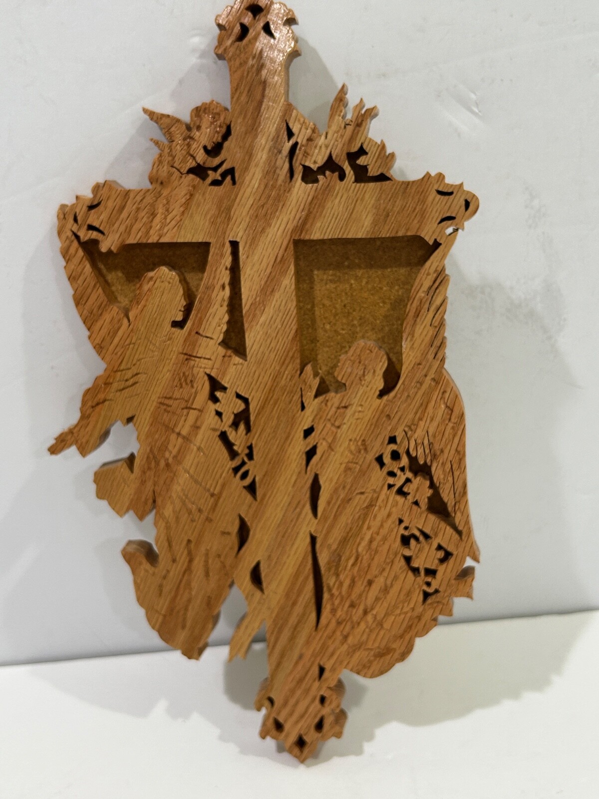 Angel Crucifix Cross wood CUT OUT pierced design Handcrafted Don Ellis 12"