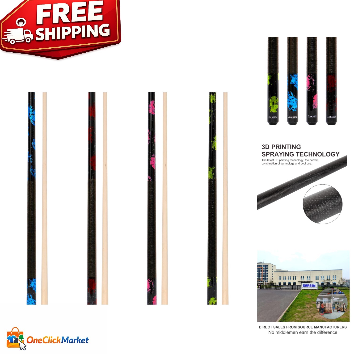 3D Printed Maple Pool Cue Stick Set of 4 - Length 58 Inches, Choice of Weights
