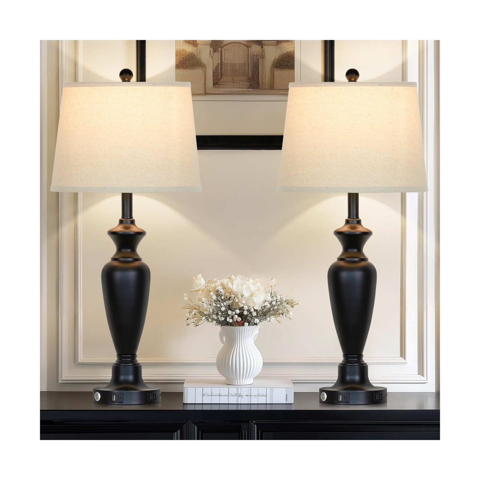 30" Tall Table Lamps Set of 2, Touch Control Bedside Lamp with USB A+C Ports ...