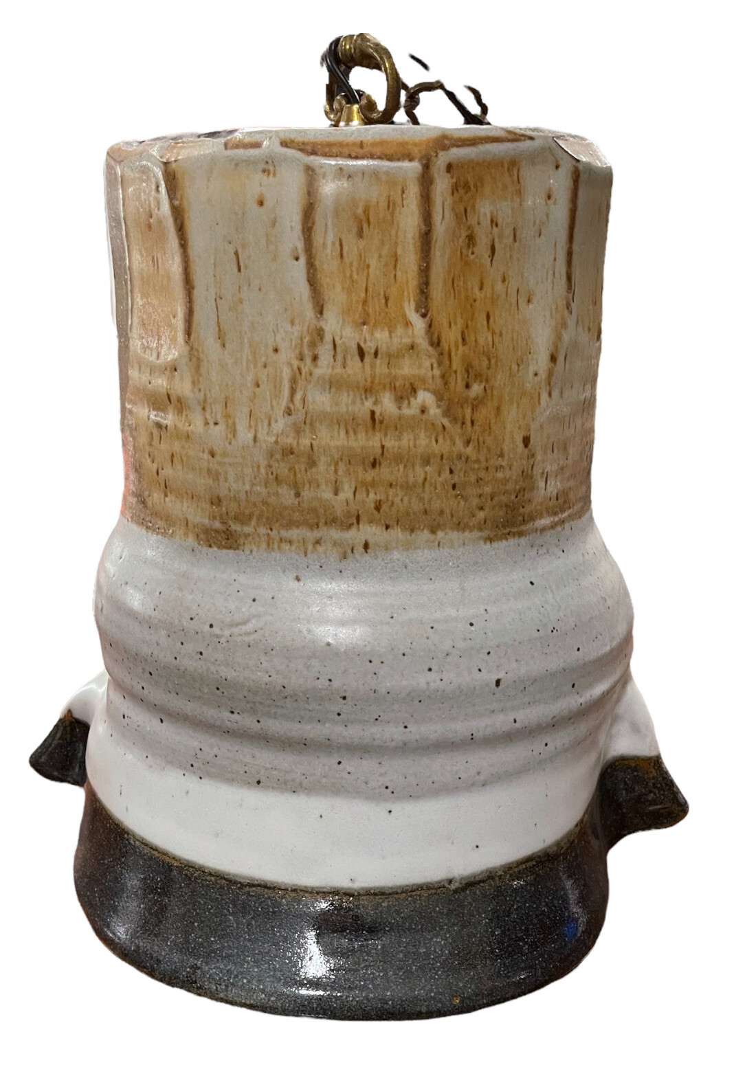 Vintage 1970s Drip Glaze Studio Pottery Pendant Bell Lamp Signed Modernism   MCM