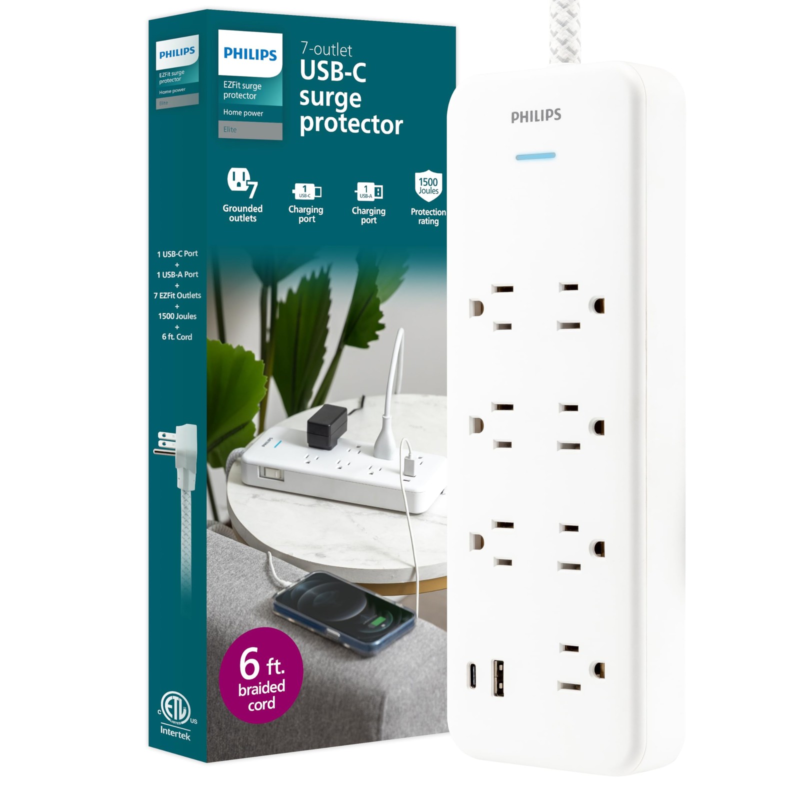 Philips 7-Outlet Surge Protector w/ USB-A & USB-C, 6ft Braided Cord, 1500J