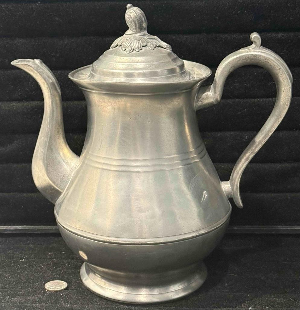 Antique Pewter Tea Pot, Flower & Leaf Finial, TD + SB, Connecticut, c. 1835