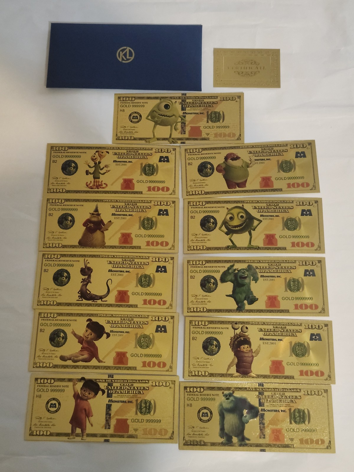 24k Gold Foil Plated Monsters Inc. Banknotes Set Of 11