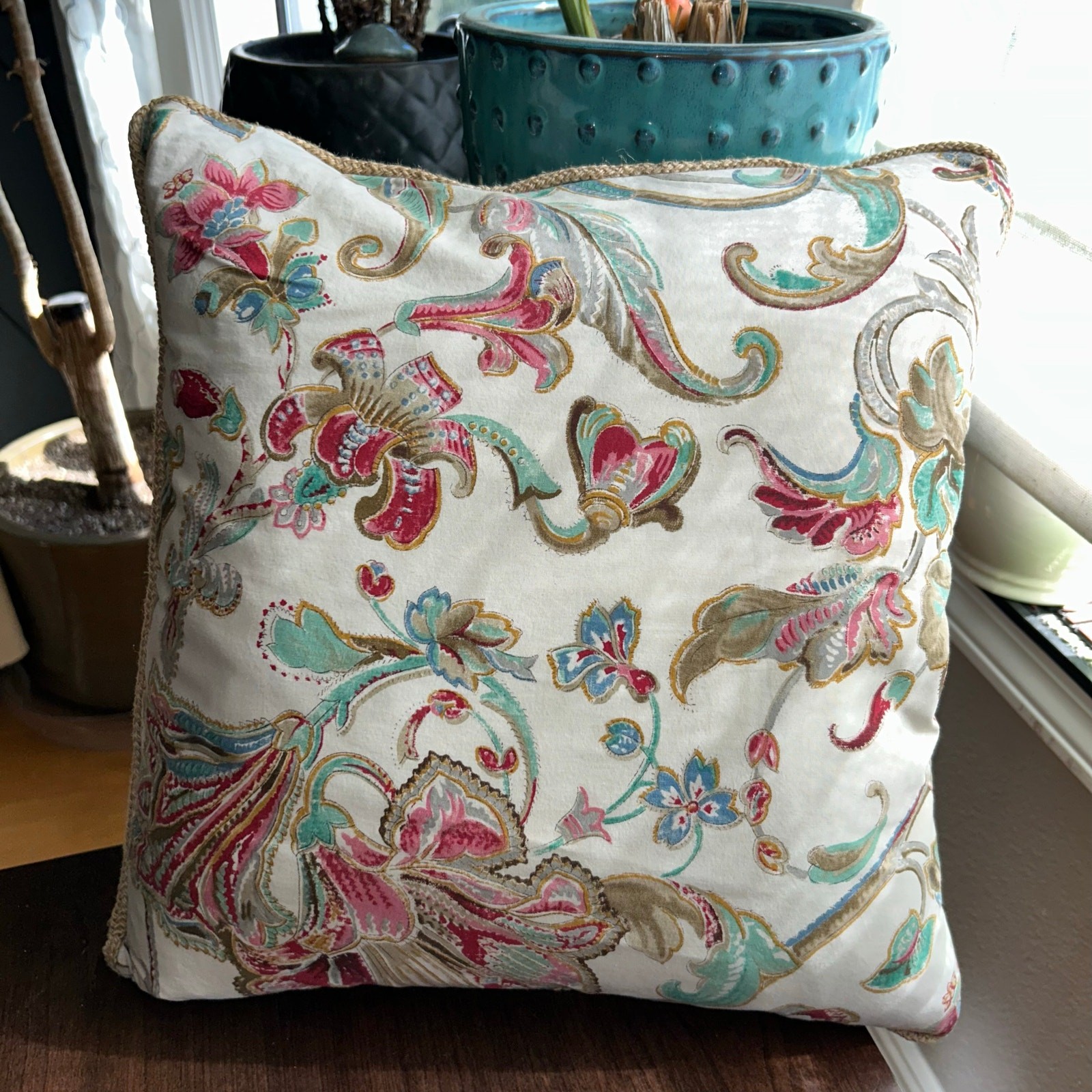 Corded Accent Pillow made w Ralph Lauren Antigua Floral Cotton Fabric 