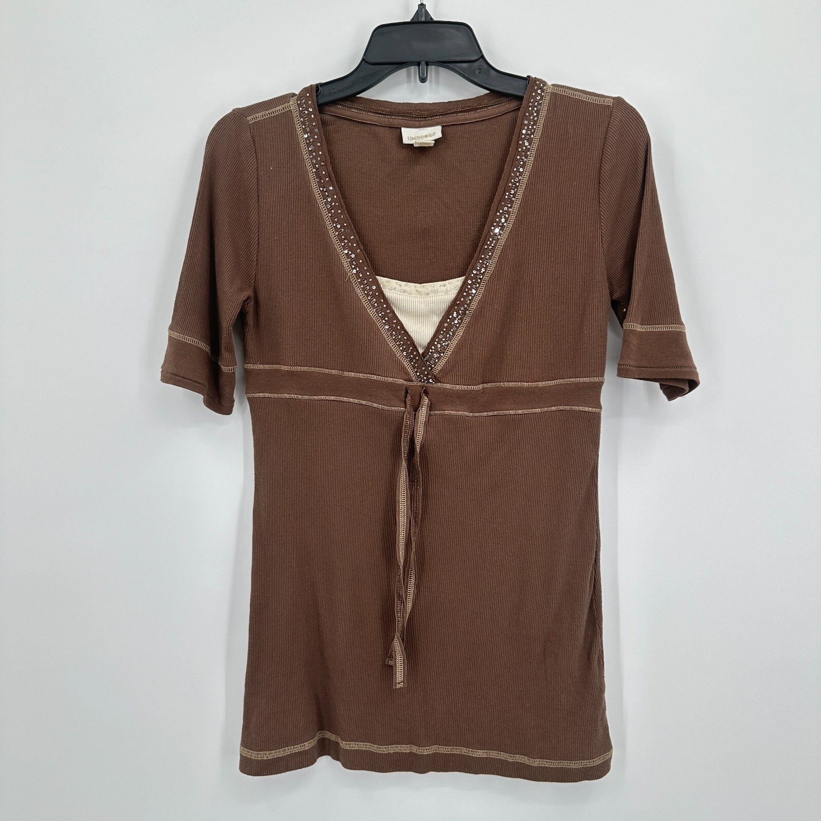 Y2K Limited Too Shirt Youth Size 16 Brown Embellished Sequin Beaded Top Slim Fit