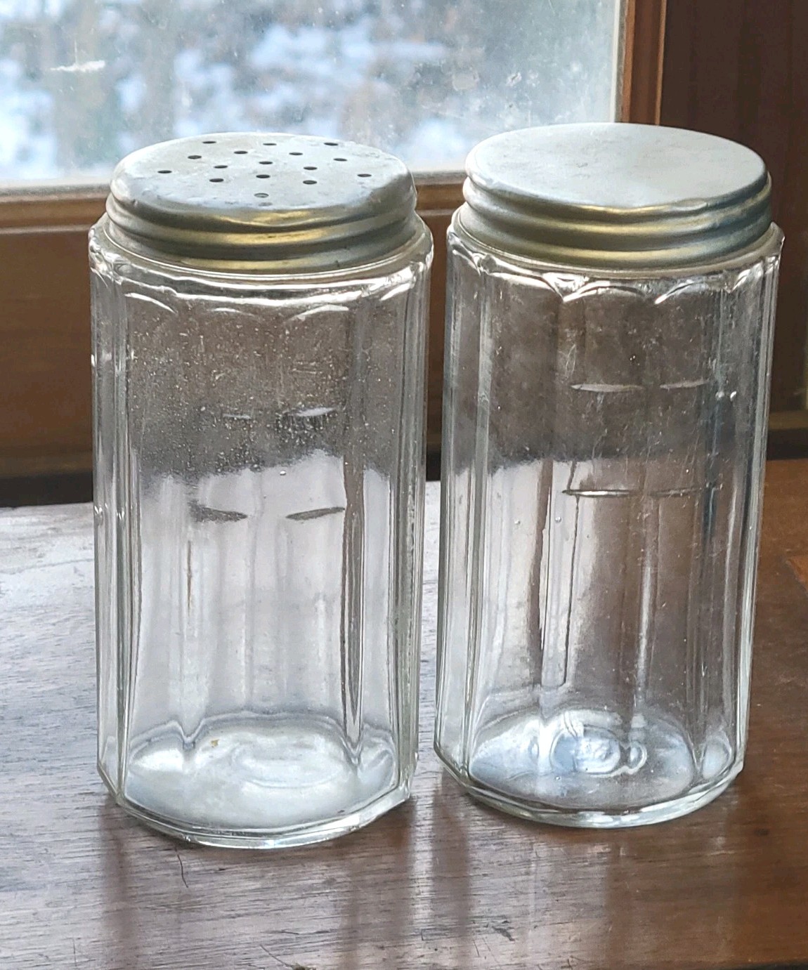 2 Hoosier Spice Jars Shaker Paneled Glass vintage 4-1/4" Art Deco Spice with Lid