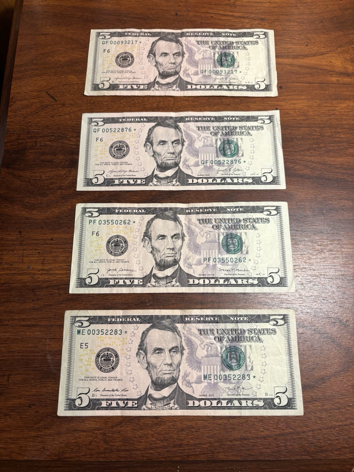 4 LOW RUN 640k Star Note 5 Dollar Bills 2021 2017A 2013