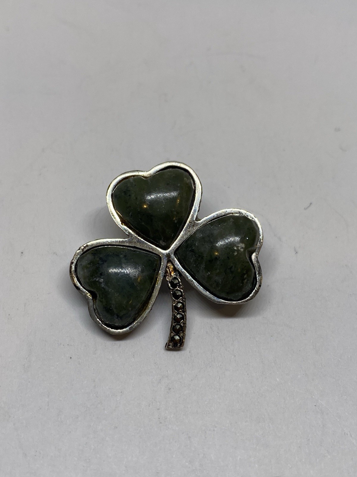IRISH MARBLE 3 LEAF CLOVER PIN BROOCH EUROPEAN STERLING SILVER HALLMARKS