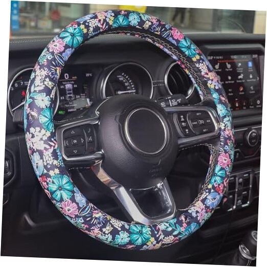  Leather Steering Wheel Cover Cute, 14.5-15inch, Auto Floral Steering Wheel 