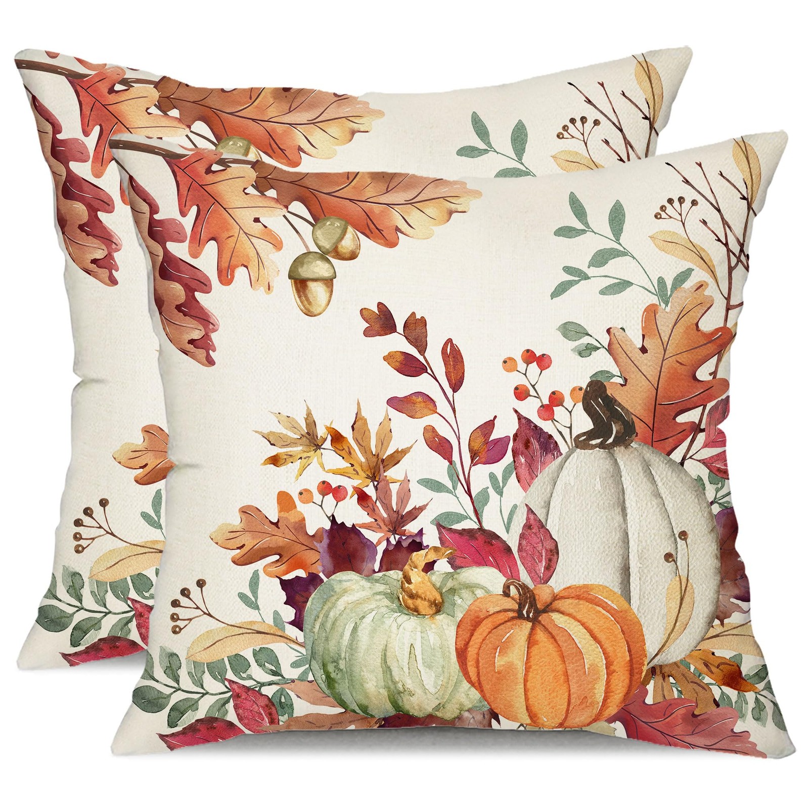 Fall Pillow Covers 16x16 inch Set of 2 Orange White Pumpkin Fallen Leaves Dec...