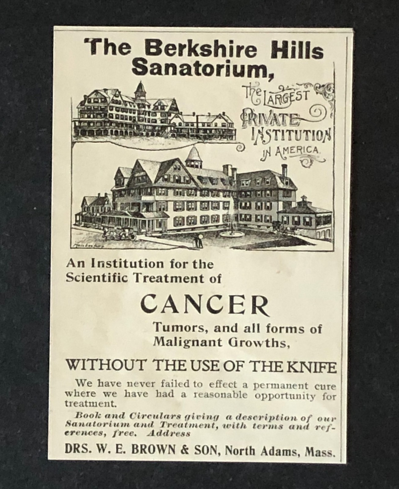 1898 Berkshire Hills Sanatorium Advertisement Quack Med Cancer Antique Print AD