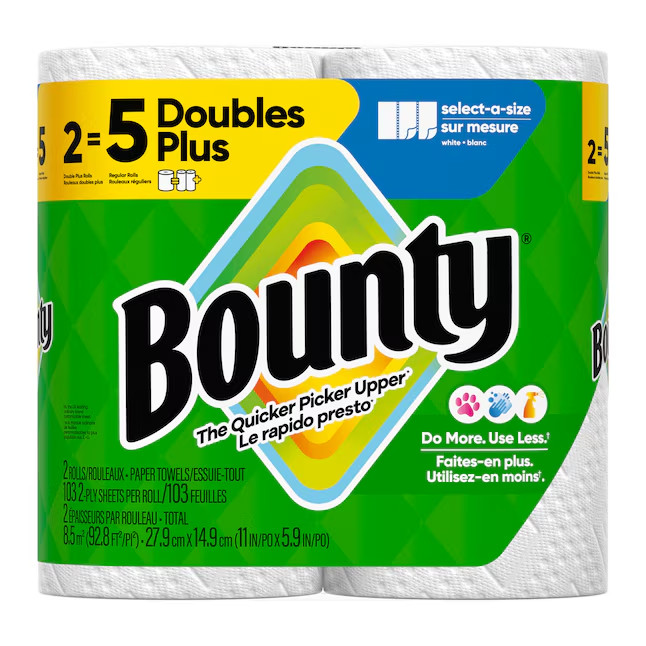 Bounty Select-A-Size Paper Towels 2 Double Plus Rolls Super Absorbent White