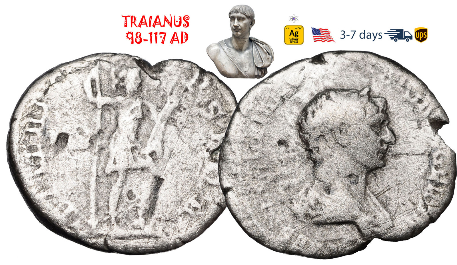 Ancient Roman Empire Coin Silver Denarius Trajan 98 - 117 AD Authentic #31983