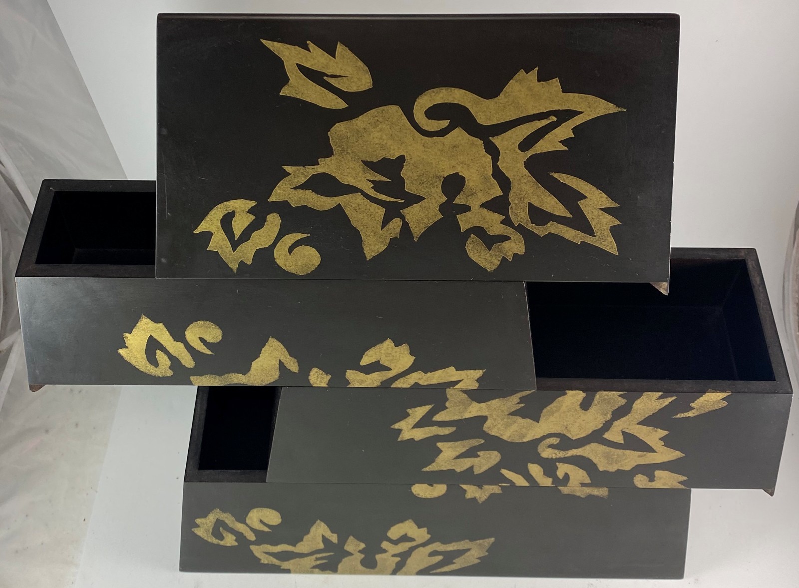 OOAK 19" Jubako Pyramid  Stacked Stash Wood Sliding Boxes Hiding Places Oriental